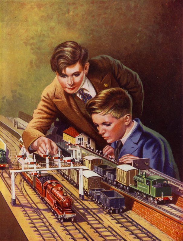 Drenge leger med et togsæt (farve litho) af English School