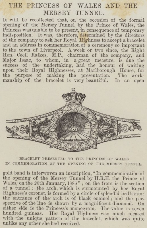 Armbånd overrakt til prinsessen af Wales til minde om åbningen af Mersey-tunnelen (gravering) af English School