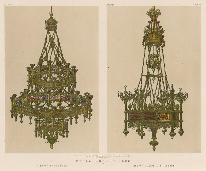 Messinglysekroner af F Barbedienne, Paris, Mrs Hulett and Co, London af English School