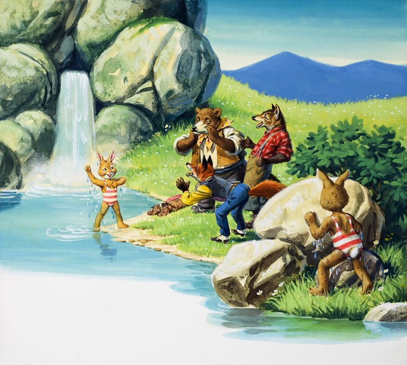 Brer Rabbit svømmer (gouache på papir) af English School