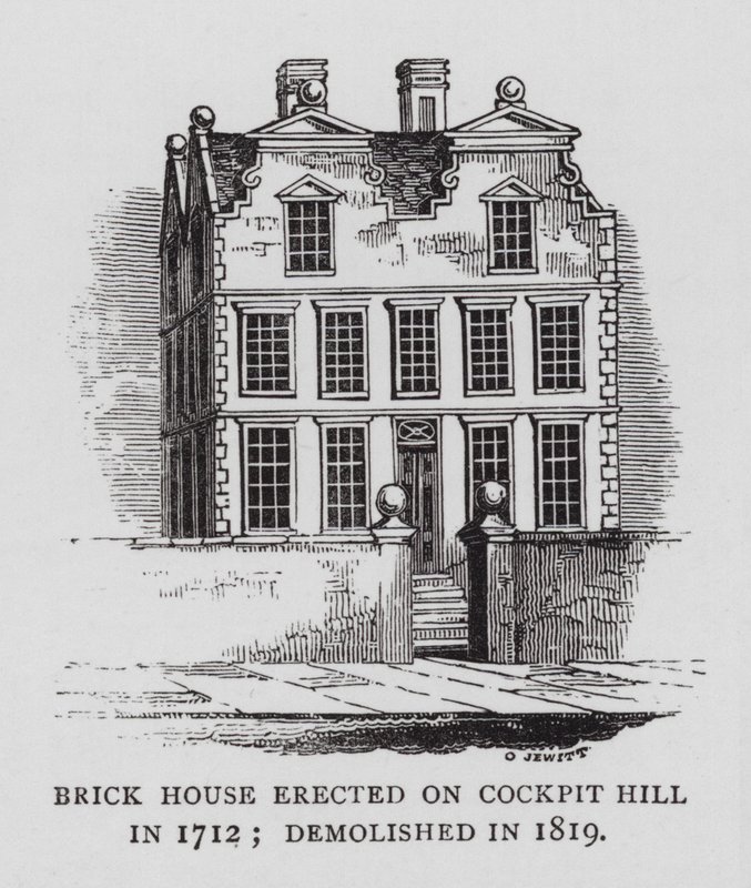 Murstenshus opført på Cockpit Hill i 1712; revet ned i 1819 (gravering) af English School