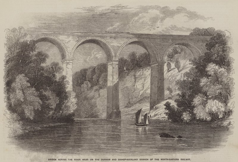 Bro over floden Wear på Durham og Bishop-Auckland-grenen af North-Eastern Railway (gravering) af English School
