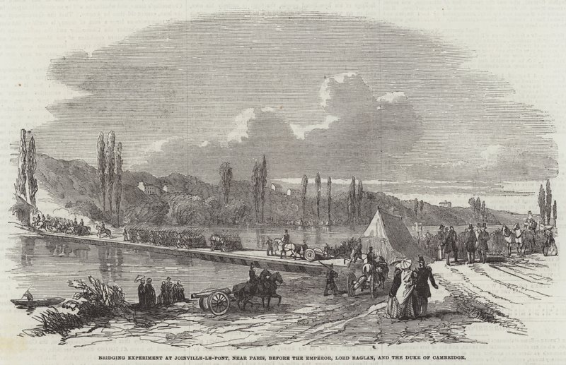 Broeksperiment i Joinville-le-Pont, nær Paris, før kejseren, Lord Raglan og hertugen af Cambridge (gravering) af English School