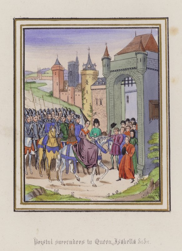 Bristol overgiver sig til dronning Isabella (farvet gravering) af English School