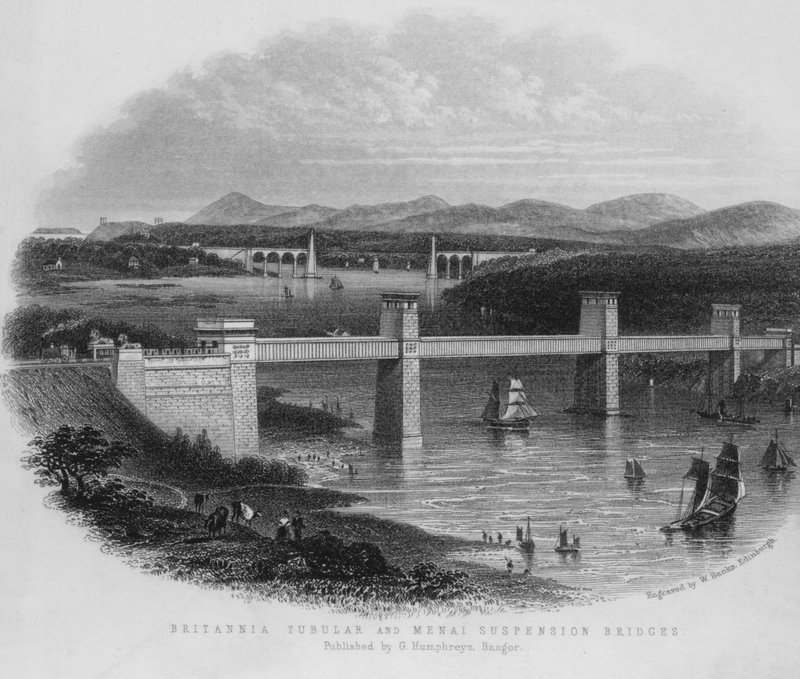 Britannia Tubular og Menai hængebroer (gravering) af English School