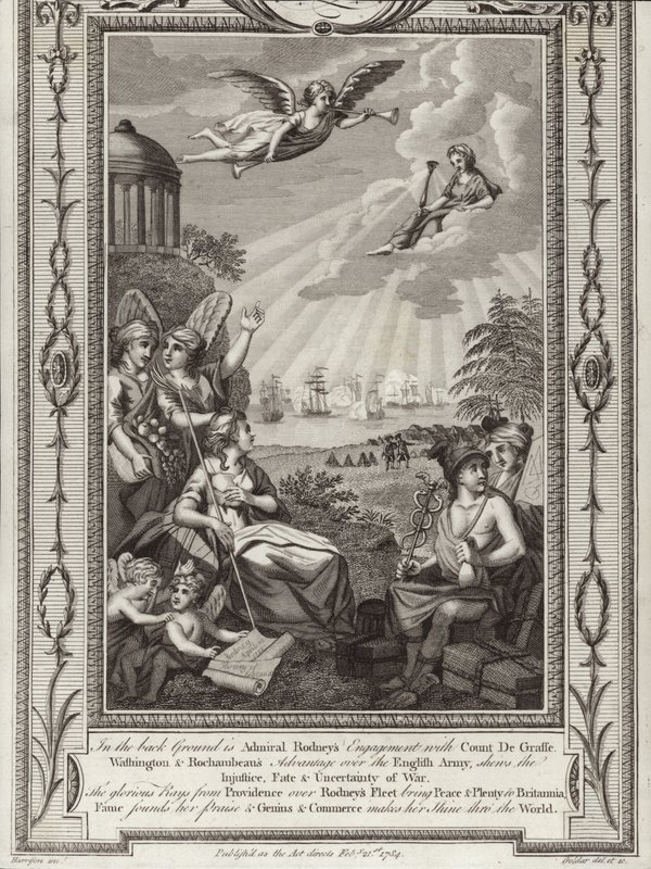 Den britiske admiral George Rodneys sejr over den franske flåde under kommando af Comte de Grasse i slaget ved Saintes, amerikansk uafhængighedskrig, 1782 af English School