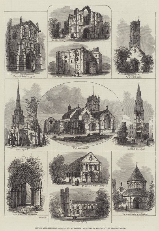 British Archaeological Association i Wisbech, skitser af steder i nabolaget (gravering) af English School