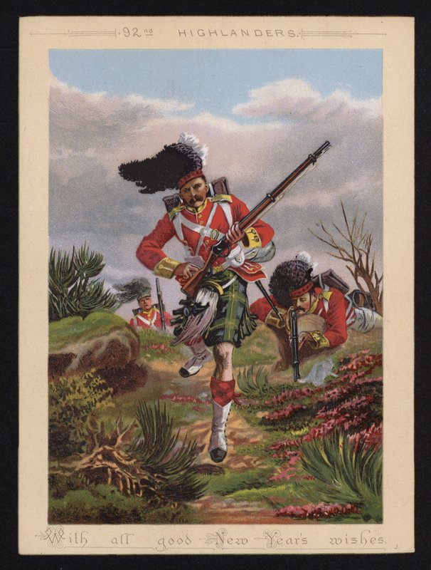 Soldater fra den britiske hær, 92nd Highlanders, nytårskort (farvelitografi) af English School