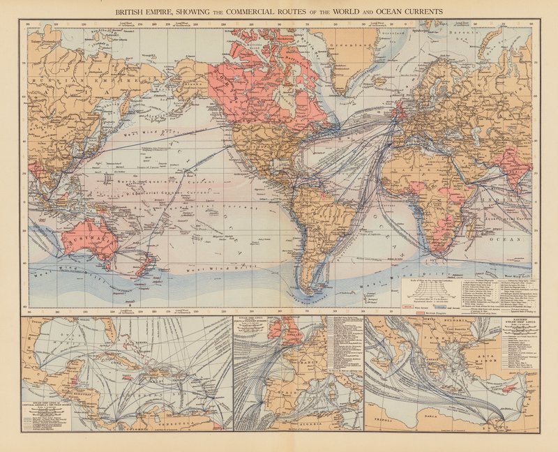 Det britiske imperium, der viser verdens handelsruter og havstrømme (farvelitografi) af English School
