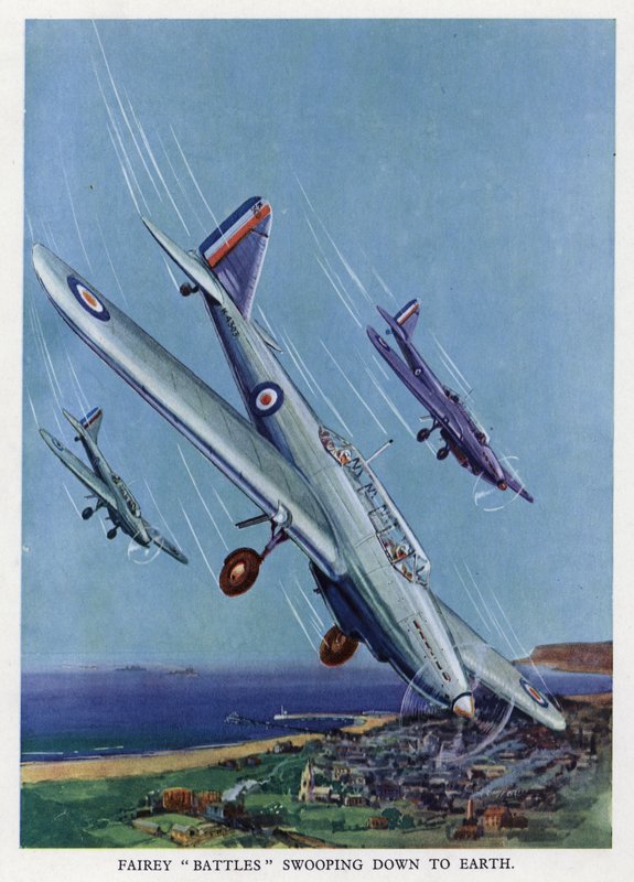 Britiske Fairey Battle lette bombefly, der dykker mod jorden (farve litho) af English School