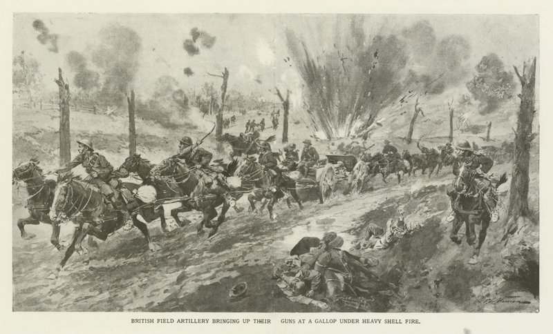 British Field Artillery Bringing up Their Guns at a Gallop under Heavy Shell Fire, World War I  af English School
