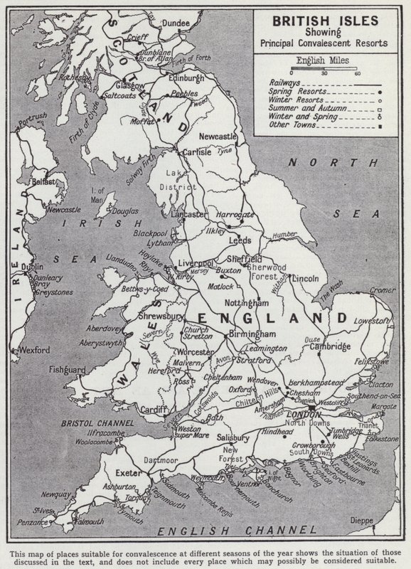 Britiske øer, vigtigste rekonvaleserende feriesteder (litho) af English School