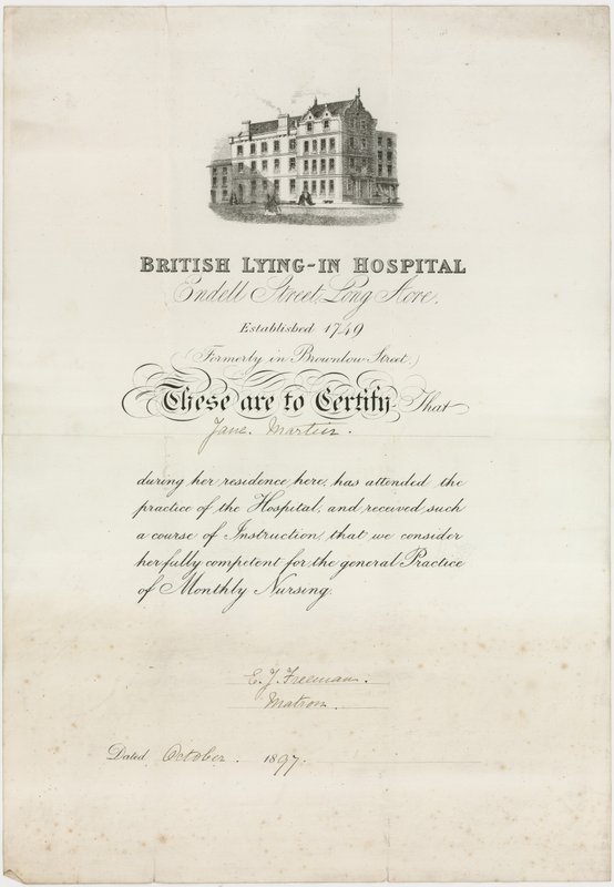 Britisk liggende hospital. Sygeplejecertifikat af English School