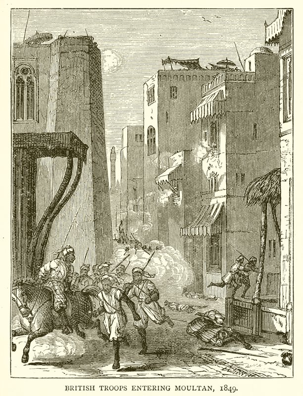 Britiske tropper på vej ind i Moultan, 1849 af English School