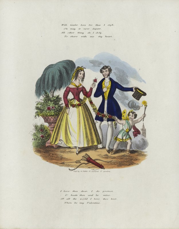 Britisk Valentine-kort med et billede af en kerub, der trækker en kvinde sammen med en snor af blomster af English School
