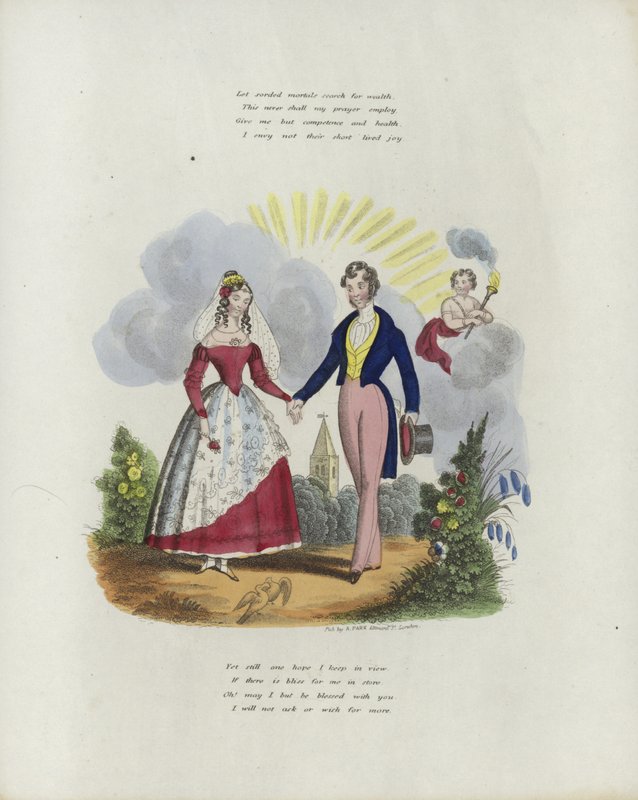 Britisk Valentine-kort med et billede af en mand og en kvinde, der holder i hånd af English School