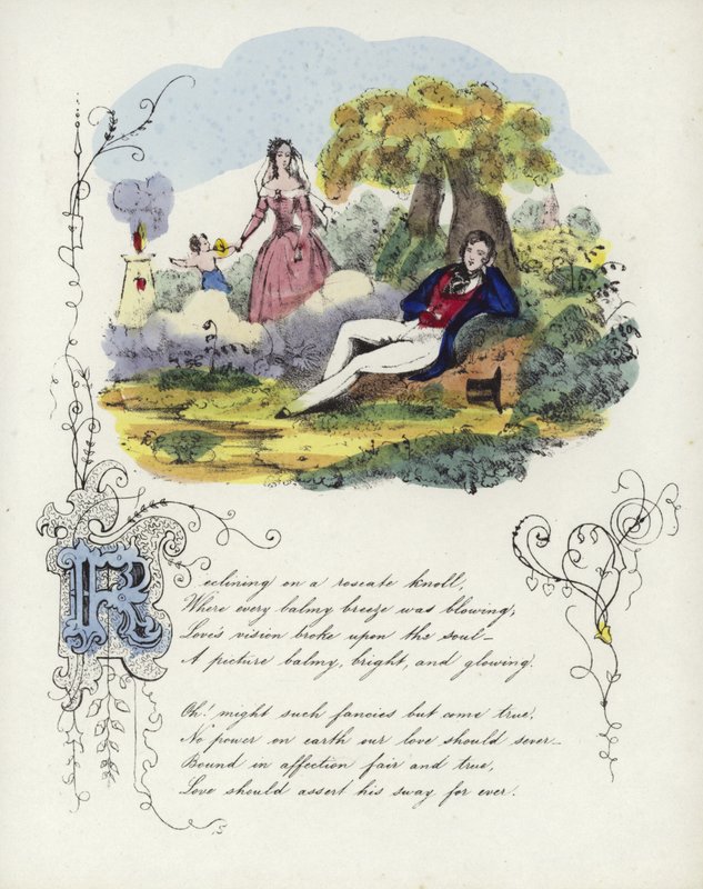 Britisk Valentine-kort med et billede af en mand og en kvinde i en have med en kerub af English School