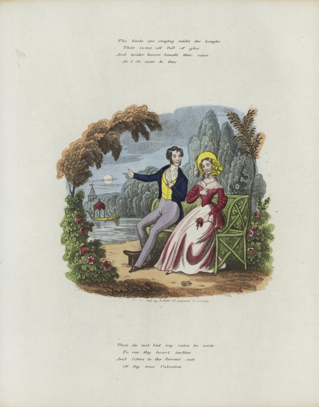 Britisk Valentine-kort med et billede af en mand og en kvinde, der sidder i en have af English School