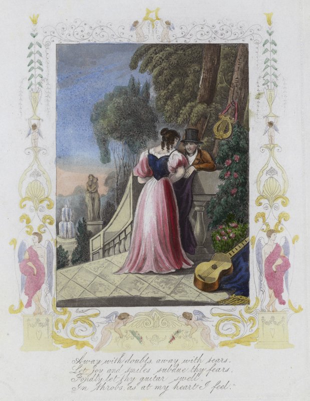 Britisk Valentine-kort med et billede af en mand og en kvinde, der står på en haveterrasse af English School