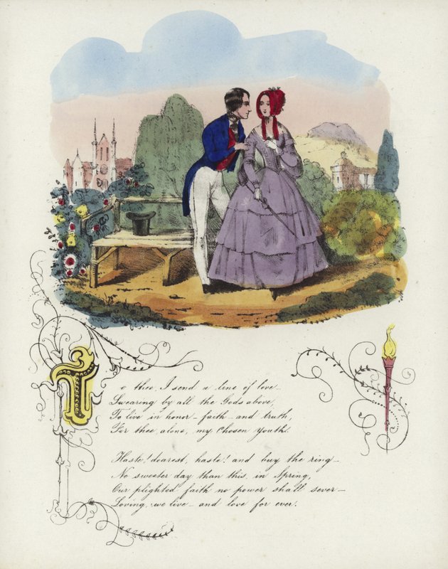 Britisk Valentine-kort med et billede af en mand og en kvinde, der går i en have af English School