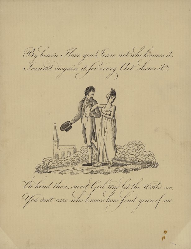 Britisk Valentine-kort med et billede af en mand og kvinde, der går arm i arm af English School