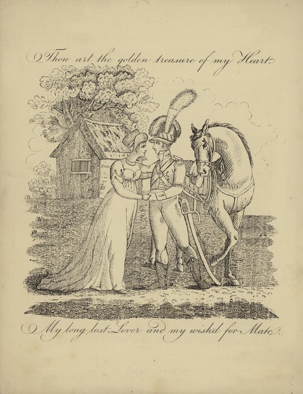 Britisk Valentine-kort med et billede af en soldat og en kvinde af English School
