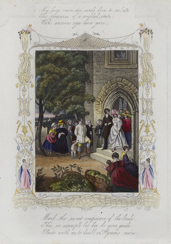 Britisk Valentine-kort med et billede af en bryllupsfest, der forlader en kirke af English School