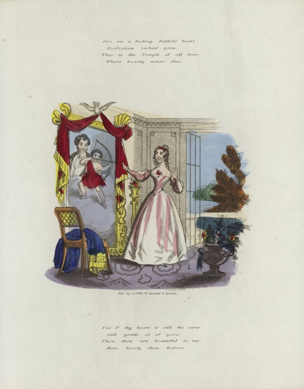 Britisk Valentine-kort med et billede af en kvinde, der kigger i et spejl af English School