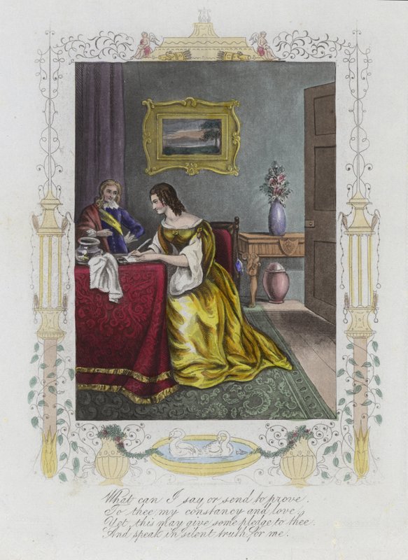 Britisk Valentine-kort med et billede af en kvinde, der skriver et brev ved et skrivebord af English School