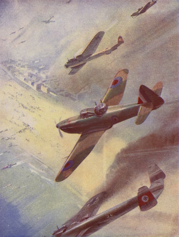 Britiske fly angriber tyske bombefly (farvelitografi) af English School