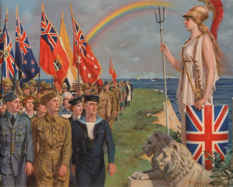 Britisk og imperiets militærpersonel og civile involveret i krigsindsatsen paraderende før Britannia (farve litho) af English School