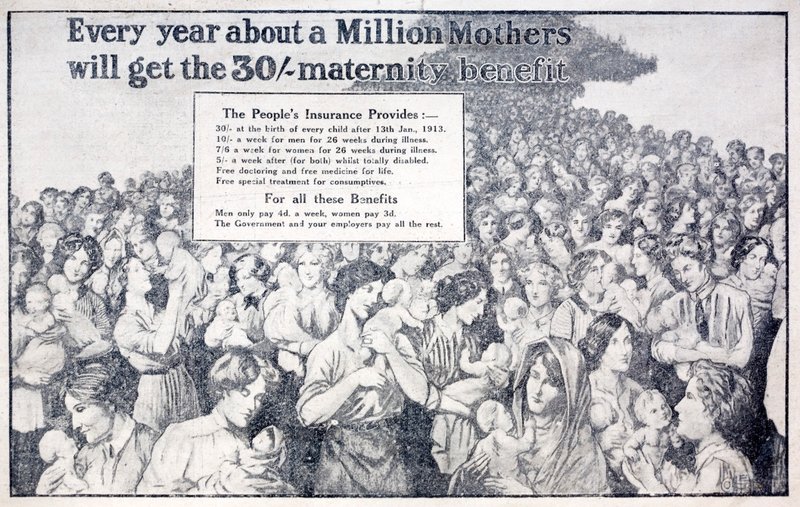 Britisk kort, der promoverer barselsdagpenge betalt af National Insurance, indført af den liberale finansminister David Lloyd George (litho) af English School