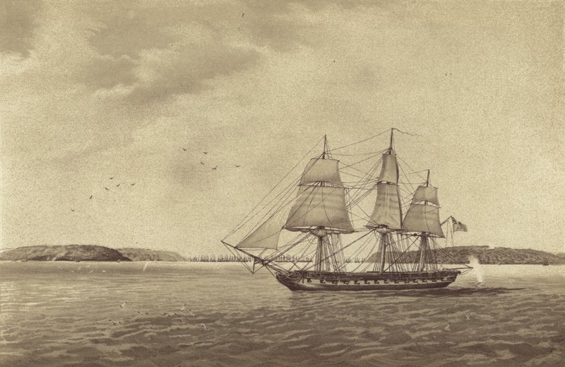 Den britiske fregat HMS Fisgard, under kommando af kaptajn Thmas Byam Martin, på rekognoscering ud for Brest, Frankrig (litho) af English School