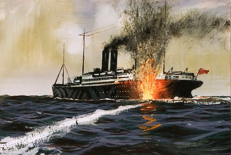 Britisk skib bliver ramt af en torpedo af English School