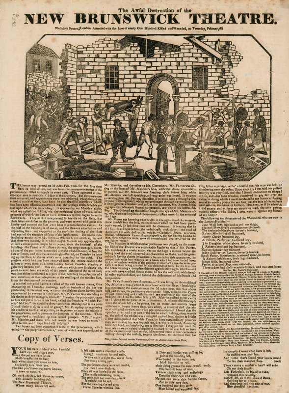 Broadsheet med The Awful Destruction of the New Brunswick Theatre, Wellclose Square, London af English School