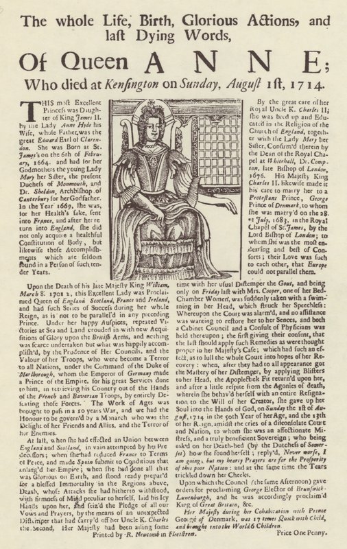 Broadside published on the death of Queen Annedani af English School