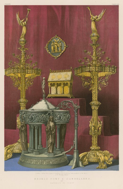 Font og kandelaber i bronze af Bachelet fra Paris (chromolitho) af English School