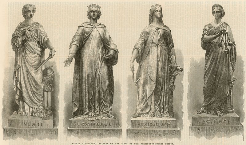 Allegoriske bronzestatuer på bropillerne på Farringdon Street Bridge (kobberstik) af English School