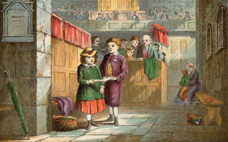 Bror og søster synger salmer i kirken af English School
