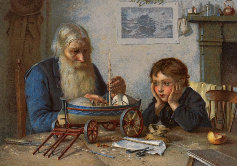 Bygning af redningsbåden (farve litho) af English School