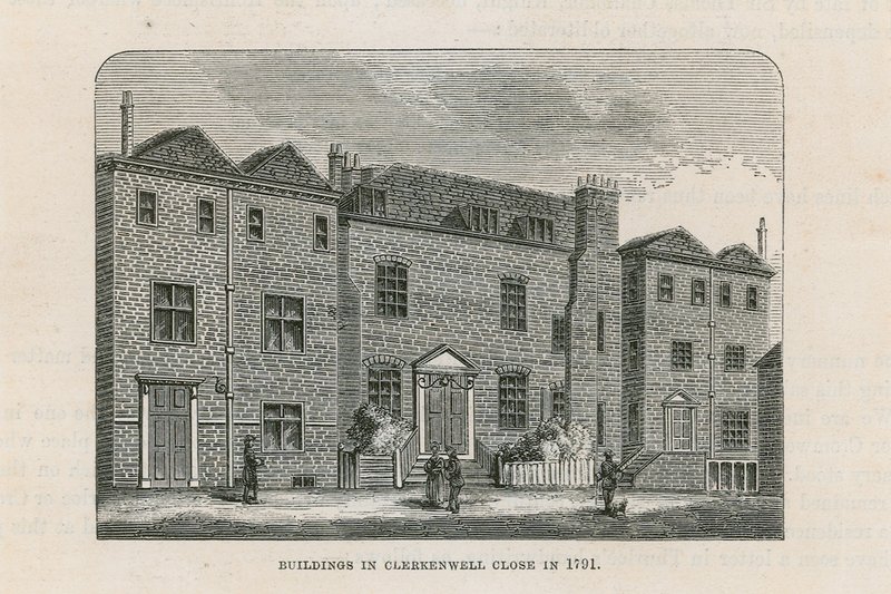 Bygninger i Clerkenwell Close i 1791 af English School