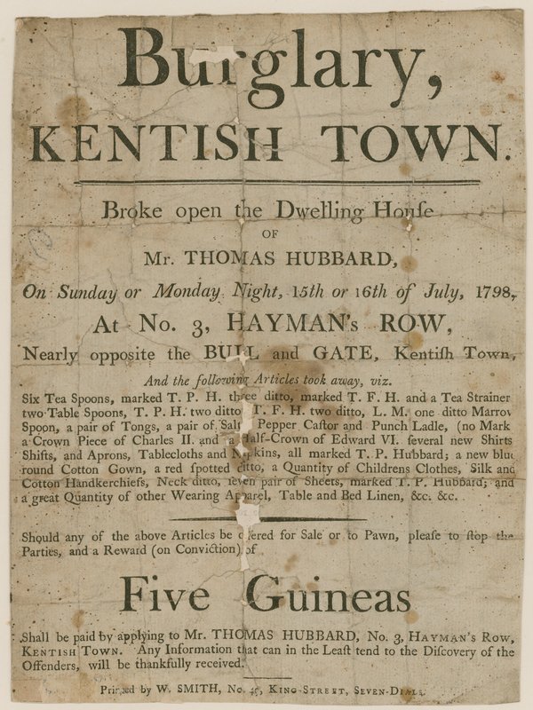 Indbrud i Kentish Town i 1798. Belønning på £5 af English School