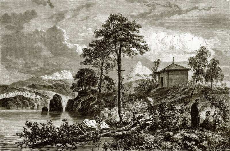 Buriat tempel ved søen Ikeugun, Mongoliet af English School