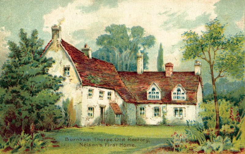 Burnham Thorpe, Old Rectory, Nelsons første hjem (farve litho) af English School