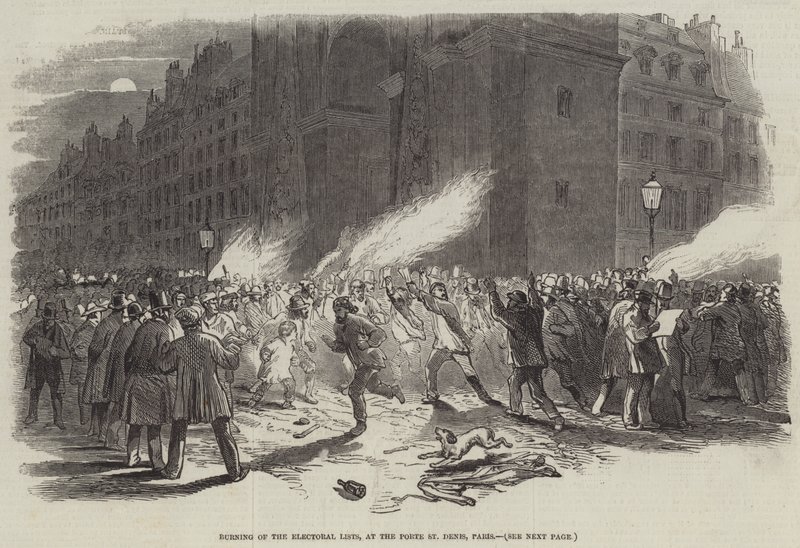 Afbrænding af valglisterne ved Porte St Denis, Paris (gravering) af English School