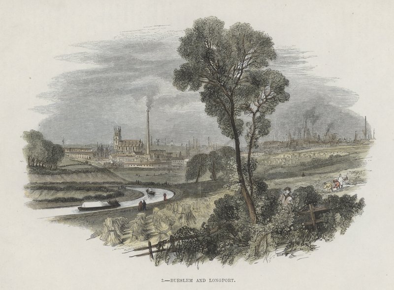 Burslem og Longport, Staffordshire (farvet gravering) af English School