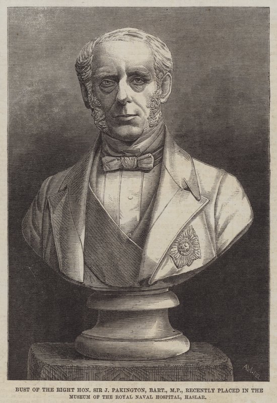Buste af den højre ærede Sir J Pakington, Baronet, MP, for nylig placeret i Museum of the Royal Naval Hospital, Haslar (gravering) af English School