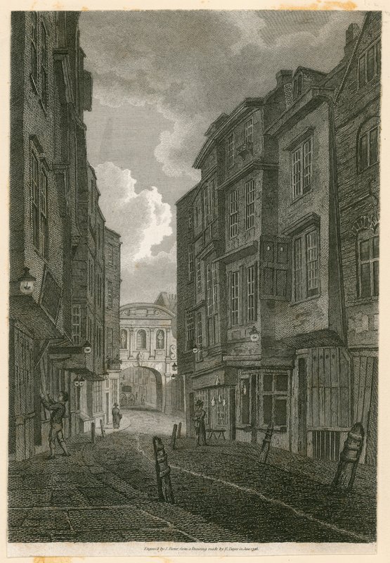 Butcher Row, ser fra Temple Bar, baseret på en tegning af Edward Dayes, 9. juni 1796 af English School