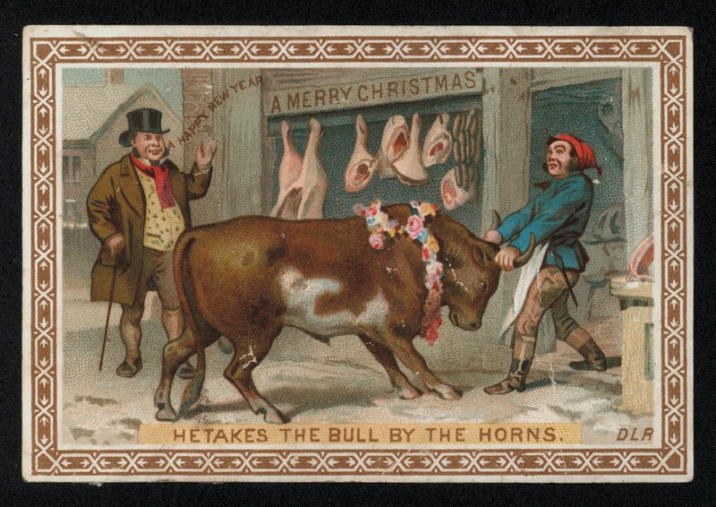 Slagter trækker en tyr ind i sin butik, julehilsen. (chromolitho) af English School