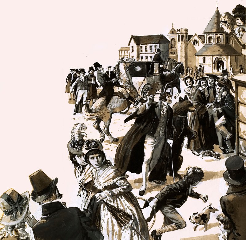 Byron vakte en del opsigt med sin kæledyrsbjørn i Cambridges gader (gouache på papir) af English School
